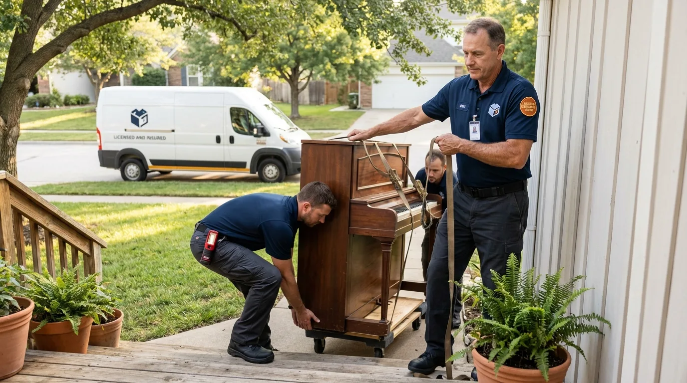 Licensed piano movers securing grand piano in Childress, TX