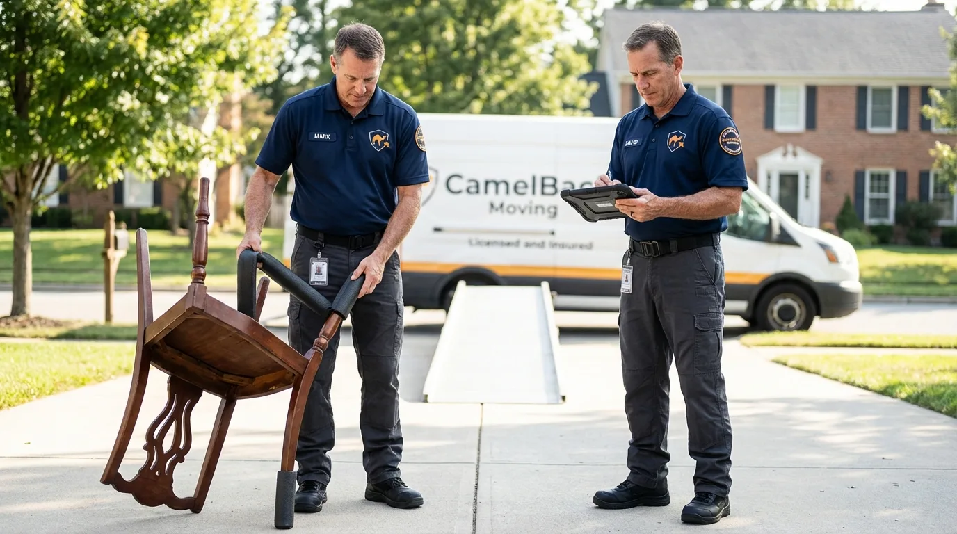Movers inspecting furniture for damage prevention before loading in Childress, TX