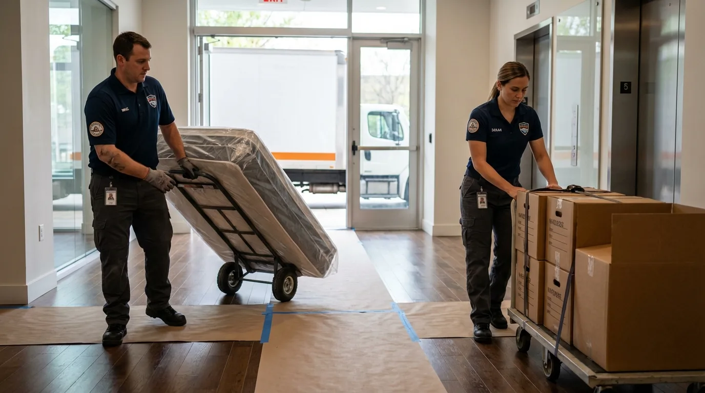 Professional apartment movers loading elevator in Childress, TX